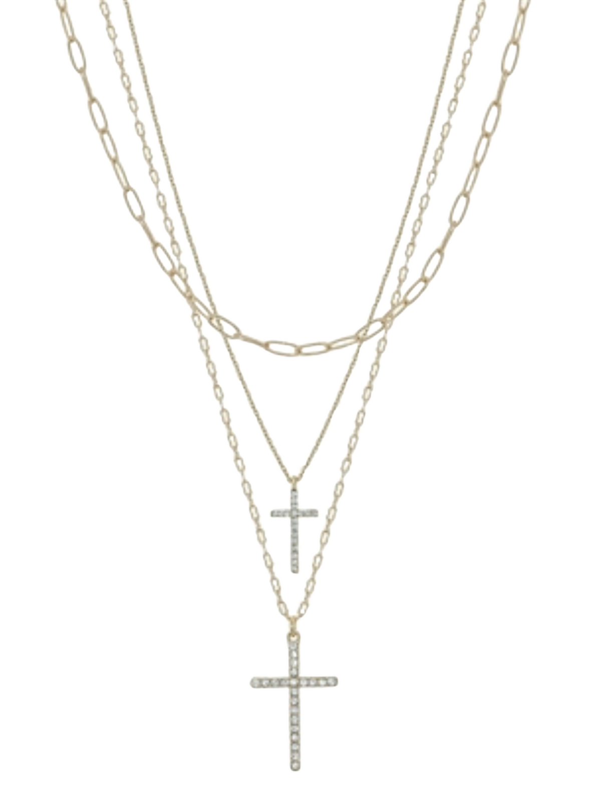 Gold Layered Rhinestone Double Cross Necklace